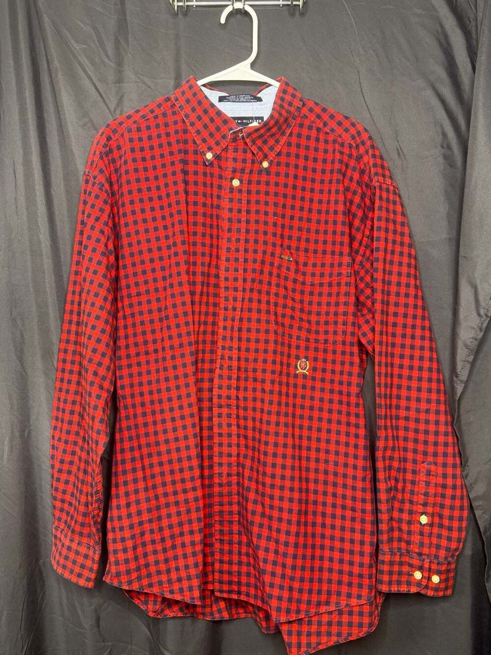 Vintage Tommy Hilfiger Red and Navy Gingham Plaid Long Sleeve Button Down Shirt
